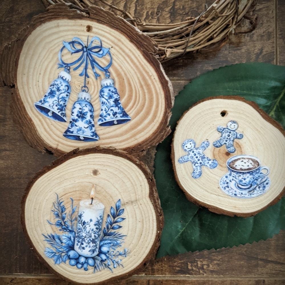 Blue Toile holiday ornaments (3) - handmade wood slice decoration Christmas/Yule